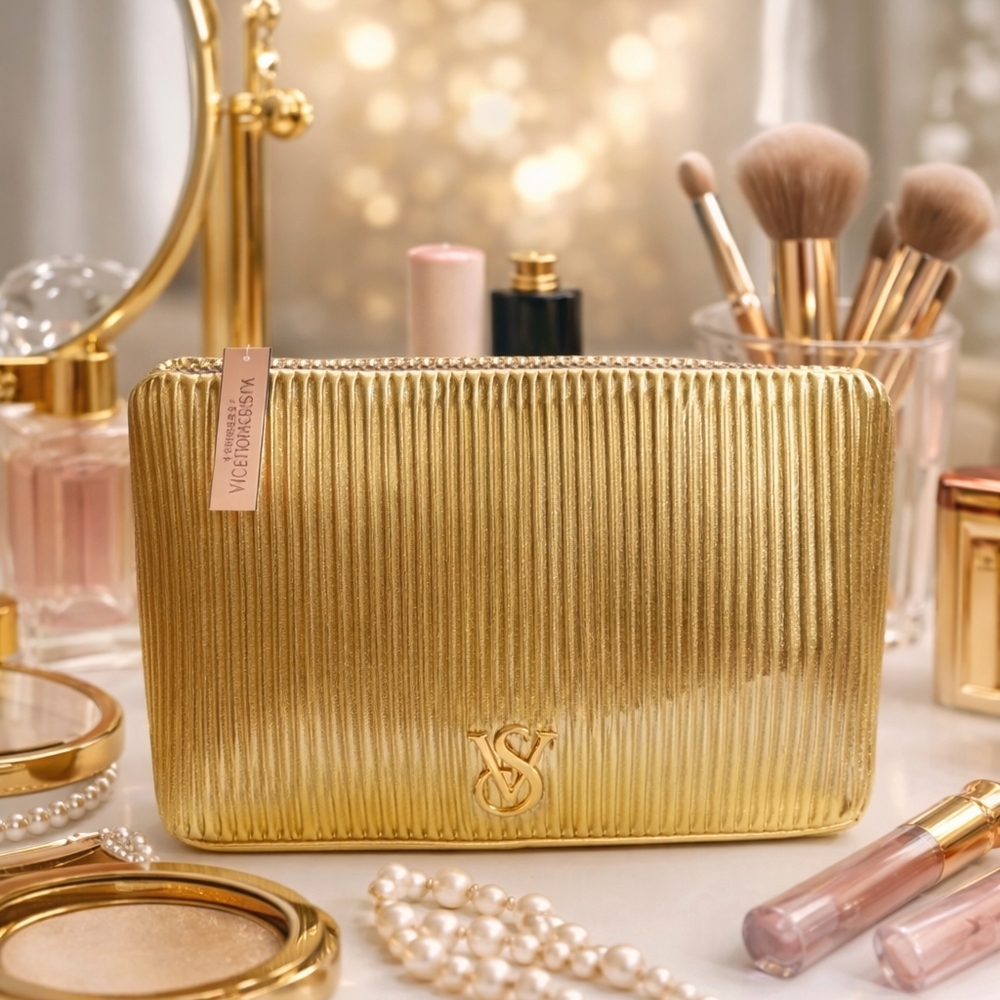 NWT Victoria's Secret Gold Pleated Makeup Bag